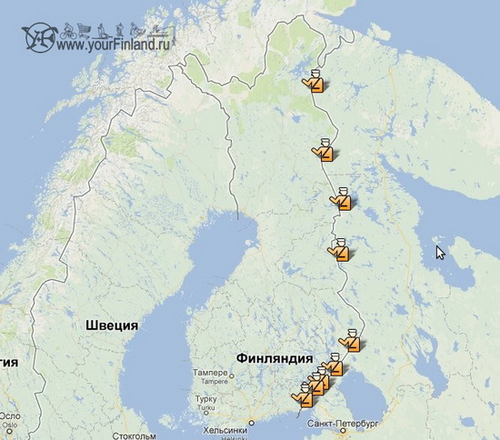 Карта автомобильных пунктов пропуска Россия - Финляндия